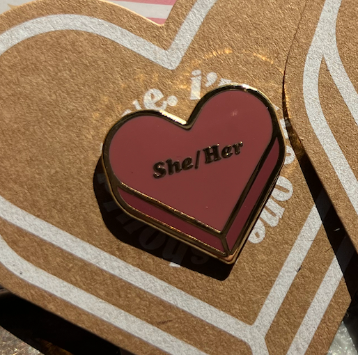 Candy Pronoun Heart Pin